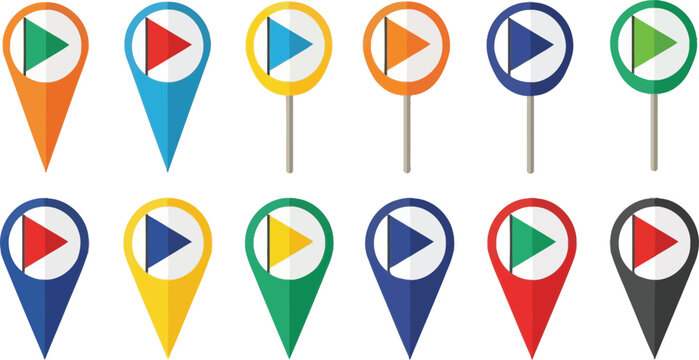 Colorful map location pins set with media play button icons location interface