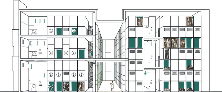 Modern Apartment Building Cross Section Vector Illustration Featuring Residential Rooms Interior Layout And Urban Housing Architecture
