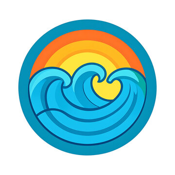 Stylized ocean waves and a vibrant sunset in a circular emblem, representing sea, summer, and adventure