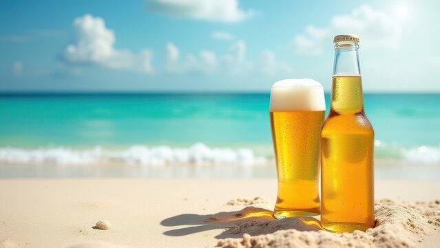 two beer bottles in the sand on tropical summer beach background, product packaging and poster for advertising outdoor recreation, refreshing drinks on coastline, concept of brewery