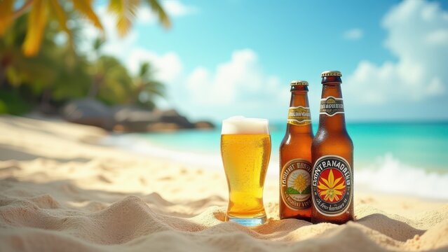 two beer bottles in the sand on tropical summer beach background, product packaging and poster for advertising outdoor recreation, refreshing drinks on coastline, concept of brewery
