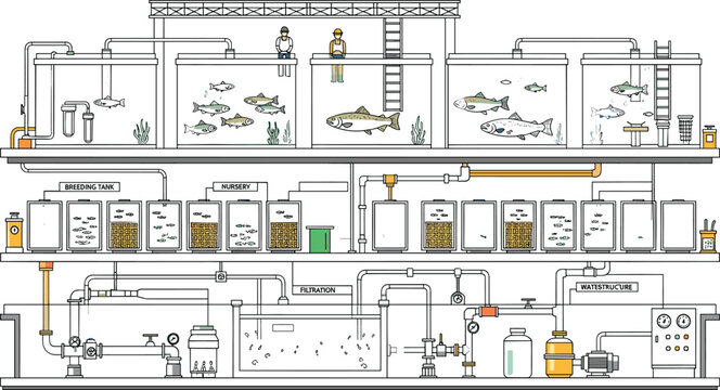 Aquaculture Fish Farming System Vector Illustration Featuring Water Filtration Breeding Tanks And Sustainable Seafood Production Facility
