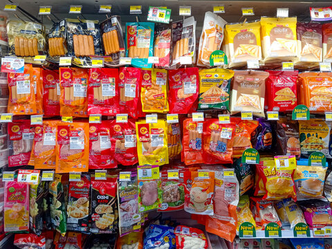 Bangkok, Thailand - February 17, 2026: Thai processed meat products are arranged on shelves at Villa Market in Bangkok. The products are packaged and ready for eating.