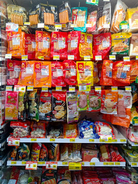 Bangkok, Thailand - February 17, 2026: Thai processed meat products are arranged on shelves at Villa Market in Bangkok. The products are packaged and ready for eating.