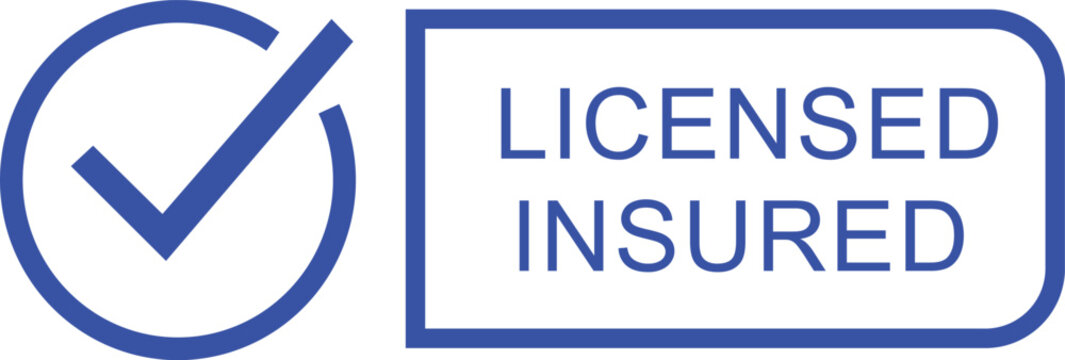 Licensed and insured symbol with checkmark in a circle and text in a rectangle  assurance and verification icon
