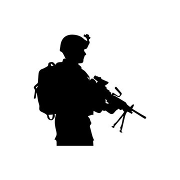 Heavy Infantry Soldier Silhouette - Tactical Gunner with Machine Gun and Backpack Vector Graphic