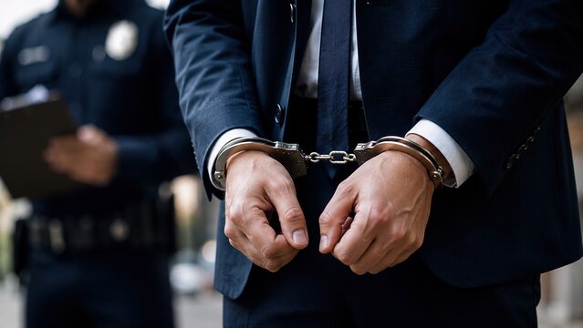 Arrest action of suspect in formal attire urban street setting newsworthy content high-pressure environment close-up viewpoint law enforcement concept for public awareness