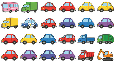 Fototapeta premium Cute Cartoon Vehicle Collection Featuring Cars Trucks Bus Police Car Excavator and Construction Transport Icons