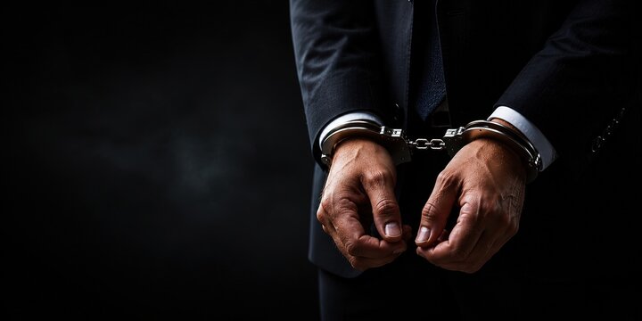 Arrest of businessman for fraudulent activities urban setting high-contrast photography dark background close-up perspective crime and justice conceptualization