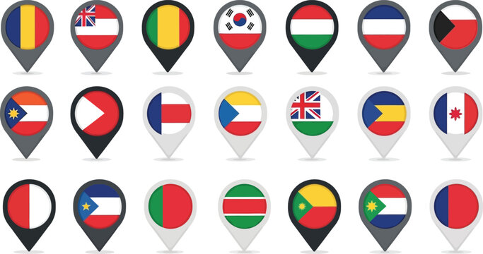 Collection of flat national flag map pointer icons for global navigation