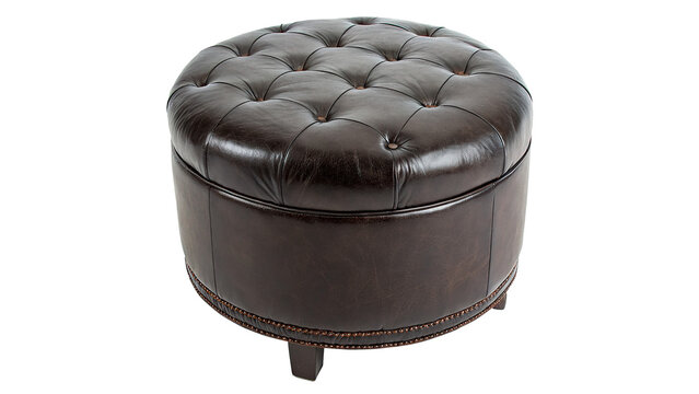 Round black leather storage ottoman footstool furniture isolated on white background