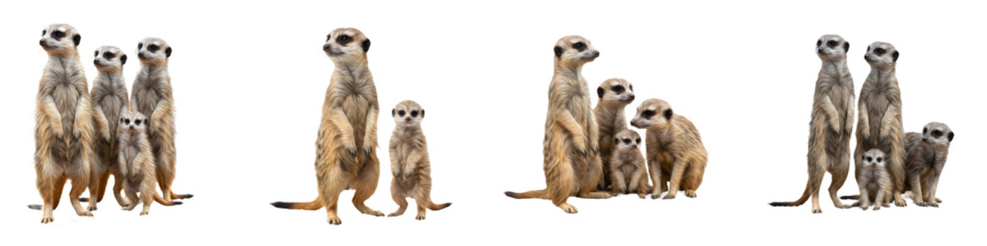 Group of Cute Meerkats: A Collection of Four Isolated Wildlife Images Showing Social Behavior, Standing Sentries, and Family Bonding on a Clean White Background