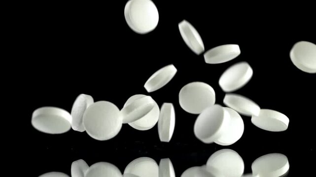 White pills midair against black, closeup of suspended round tablets Filmed on a high-speed camera at 1000 fps.