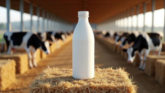 White milk bottle placed on straw bales inside a dairy barn with black and white cows grazing in the background under natural light
