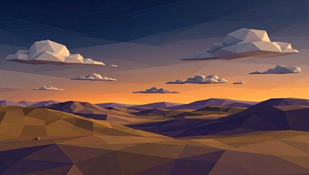 Low poly digital art of mountains and clouds during sunset or sunrise, stylized landscape.