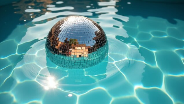 Reflective disco ball floating in clear blue swimming pool water, sunlight creating sparkles on the surface, creating a vibrant and playful atmosphere