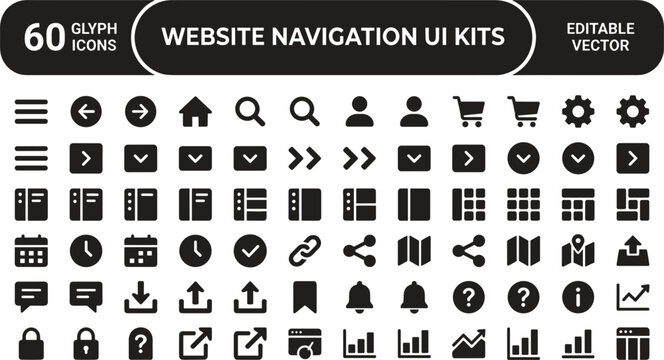 Website Navigation UI Kits Glyph Icons Set for Menus, Buttons, Links, Maps, Settings, and Web App Design