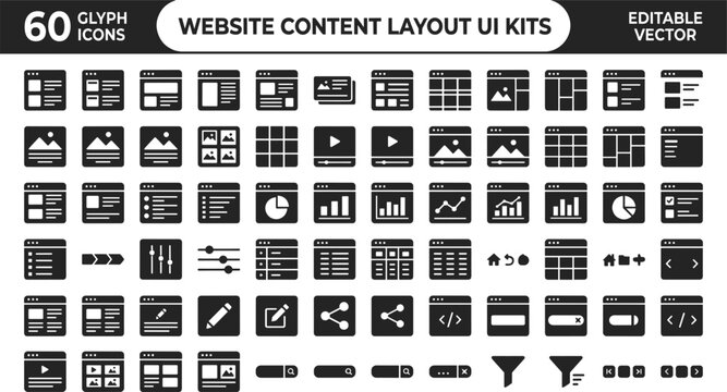 Website Content Layout UI Kits Glyph Icons Set for Web Templates, Media Cards, Dashboards, and Interface Design