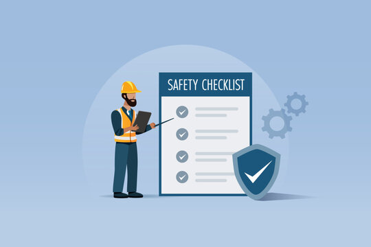 Safety checklist. Worker recheck safety regulations on checklist board. Vector.