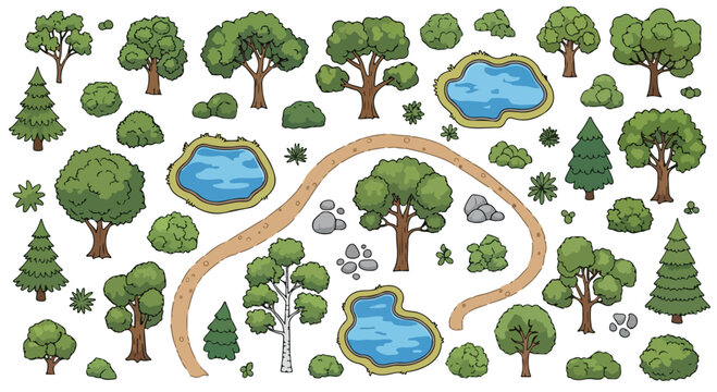 Cartoon park map elements set, hand drawn forest trees and blue ponds vector, nature landscape construction kit with bushes and path