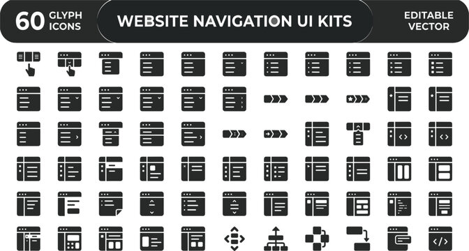 Website Navigation UI Kits Glyph Icons Set for Sidebar Menus, Page Layouts, Dropdowns, and Web Interface Design