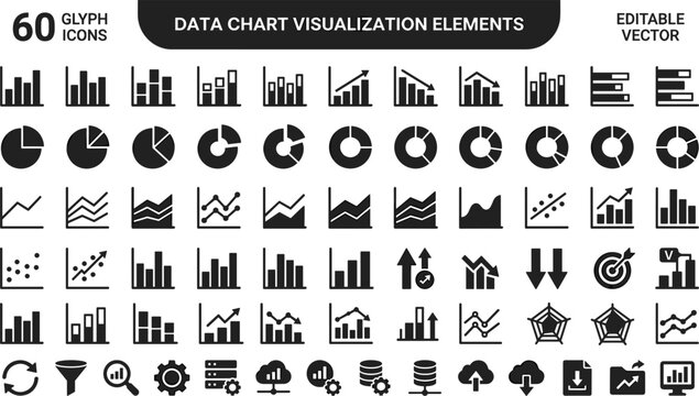 Data Chart Visualization Elements Glyph Icons Set for Analytics Dashboard, Business Reports, Statistics, and Interface Design