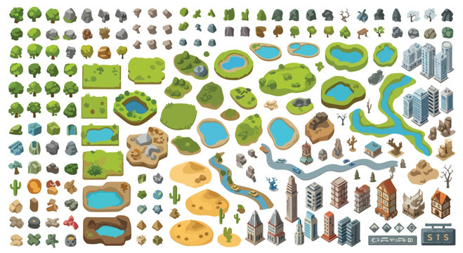 Isometric game map assets collection, cartoon landscape elements with trees and buildings, world building vector set for strategy gaming