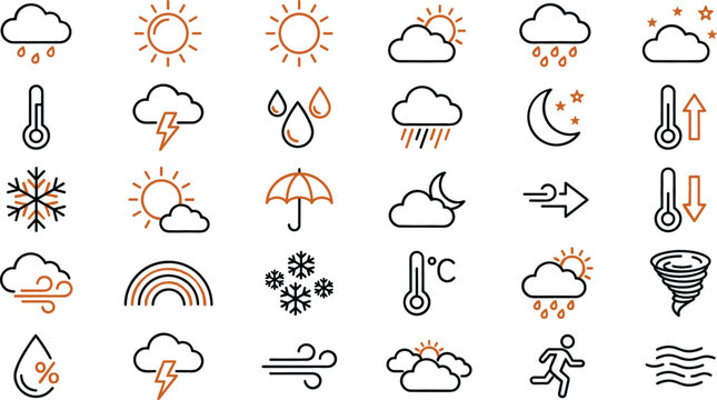 Weather forecast line icon set vector illustration with orange accents featuring sun clouds rain temperature thermometer and climate warning symbols.