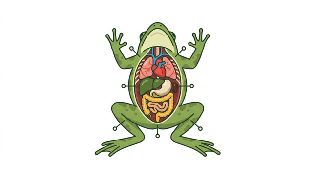 Illustration of frog anatomy showing internal organs for science education.