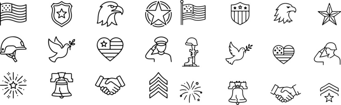  Memorial Day and Veterans Day outline icon set featuring military symbols, national flags vector eps