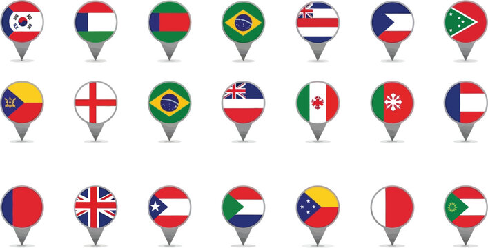 Collection of world national flags in round map pin location icons with map pins