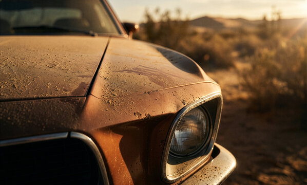 Front view of a dusty classic American muscle car covered in heavy dirt and sand on a desert road trip at sunset.