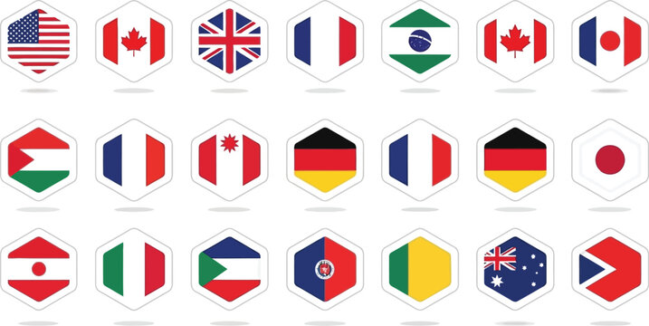 Hexagonal country flags set of diverse nations on white background with isolated