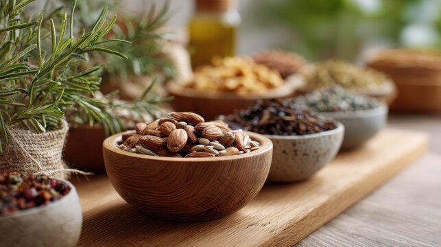 Assorted spices and nuts in wooden bowls arranged on a wooden board with fresh herbs and olive oil bottle in the background, natural light illuminating the scene