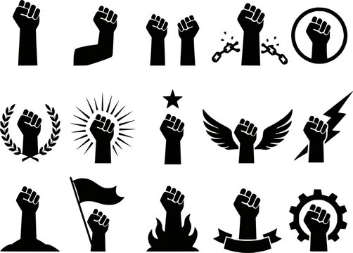 Raised fist power and freedom silhouettes vector icon set isolated