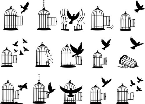 Bird flying out of open cage freedom silhouettes vector icon set isolated