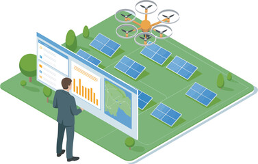 Solar farm monitoring with drone and digital dashboard, vector illustration for renewable energy management, smart grid systems and clean technology monitoring design elements. © Dalim 5