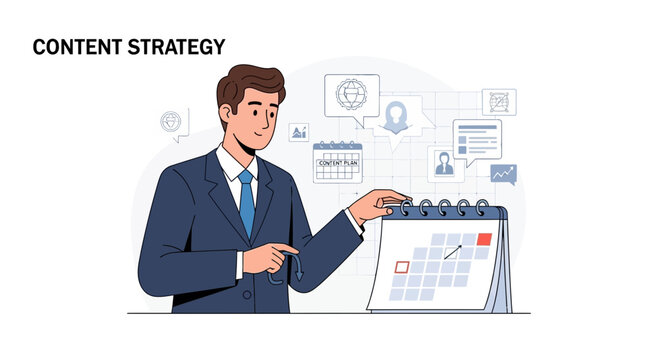 Man plans content strategy with calendar and icons