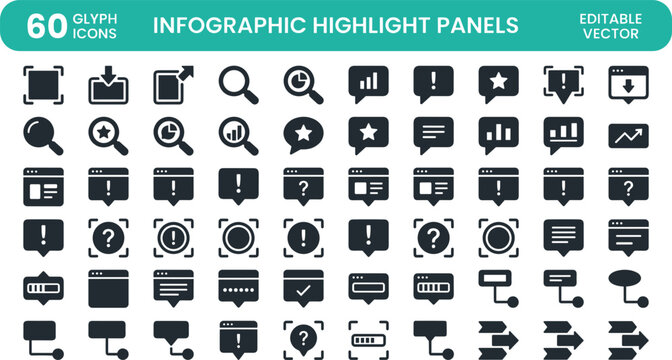 Infographic Highlight Panels Glyph Icons Set for Callout Boxes, Search Labels, Notifications, and Presentation Interface Design