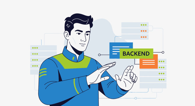 Man uses backend interface, digital technology, server data flow analysis concept