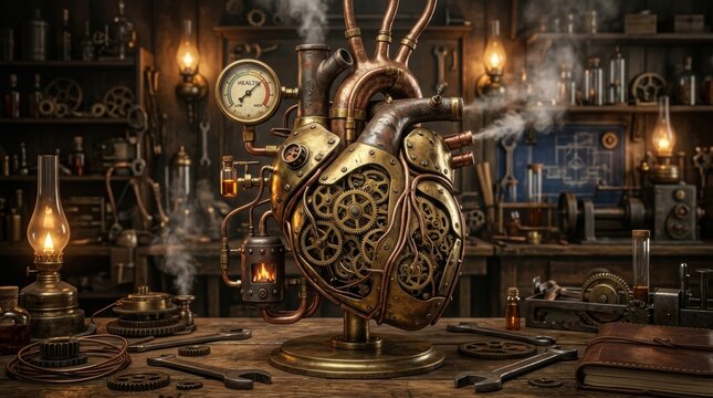 Steampunk mechanical heart model with gears and steam on a workshop table