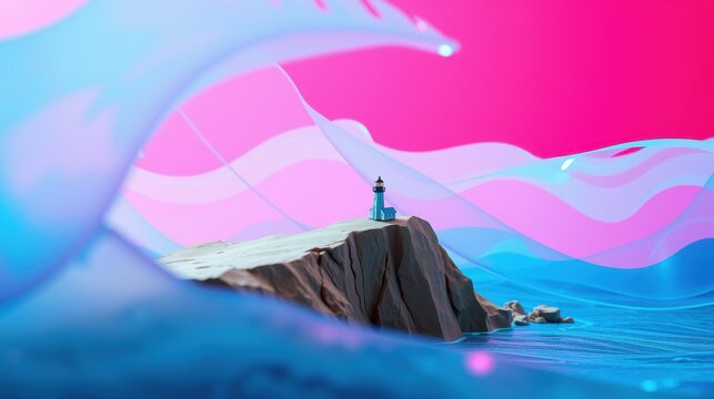 Stylized island scene. Lighthouse stands atop rocky terrain, surrounded by fluid, colorful waves. Pink sky complements blue water.