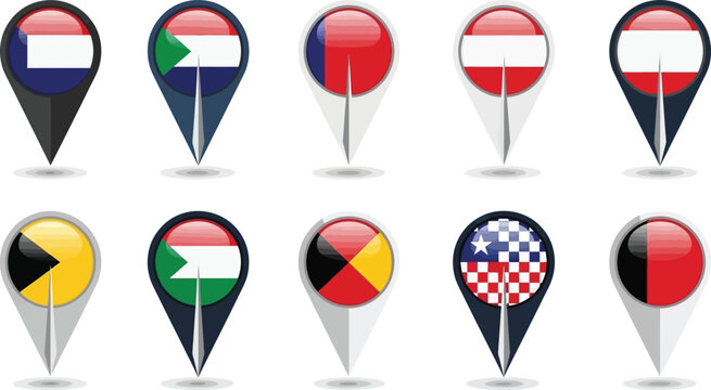 Map pointer pins with national flags of different countries, navigation