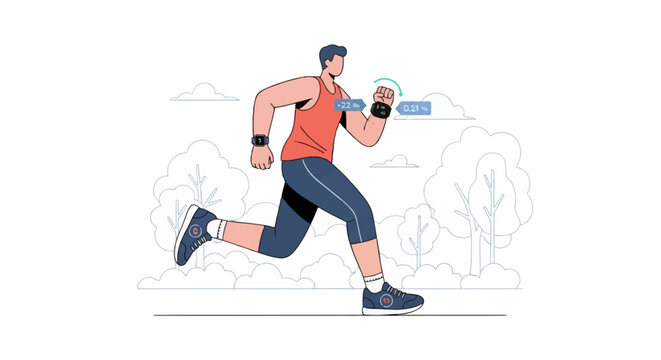 A flat vector illustration of a male athlete jogging in a park wearing smartwatches on both wrists with digital UI overlays showing health data, fitness metrics, and heart rate.