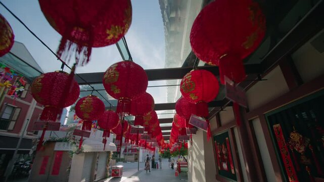 Beautiful Chinese lanterns in Chinatown Singapore decorating colorful city streets festive Asian atmosphere and travel tourism destination in Asia