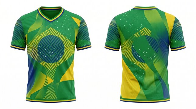 Brazil soccer jersey mockup with geometric flag pattern design