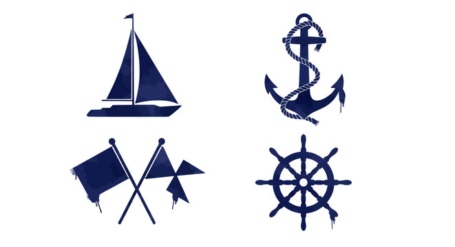 Nautical icon set featuring sailboat anchor flags and ship wheel
