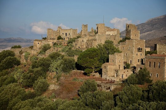 Landscape with panoramic view of Vatheia, a historic village with Venetian stone built mansions in Lakonia, Mani Greece.