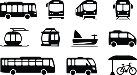 Public Transport Silhouette Set Bus Train Tram Cable Car Boat Van Bicycle Black Vector © Kanon