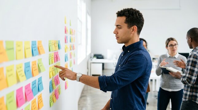 Man brainstorming business strategy using sticky notes on a wall. Team leader organizing workflow with colored sticky paper. Collaborative professional office environment and project planning.
